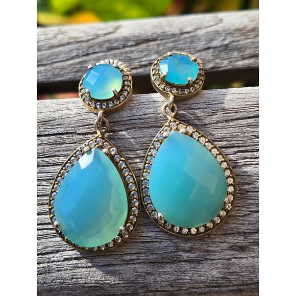 Vintage Pear Blue Chalcedony Fancy Cut, CZ in Sterling, Gold Plated Earrings - Picture 1 of 10